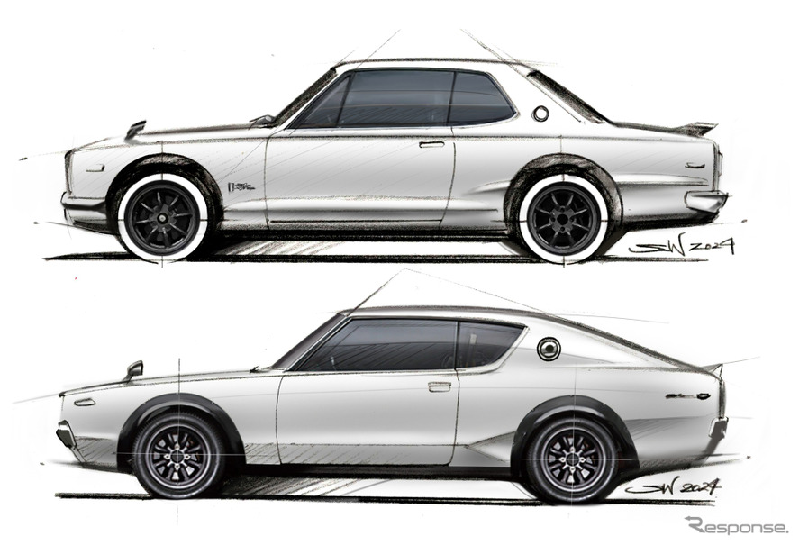 和田智氏の直筆によるハコスカGT-R（上）とケンメリGT-R（下）のスケッチ